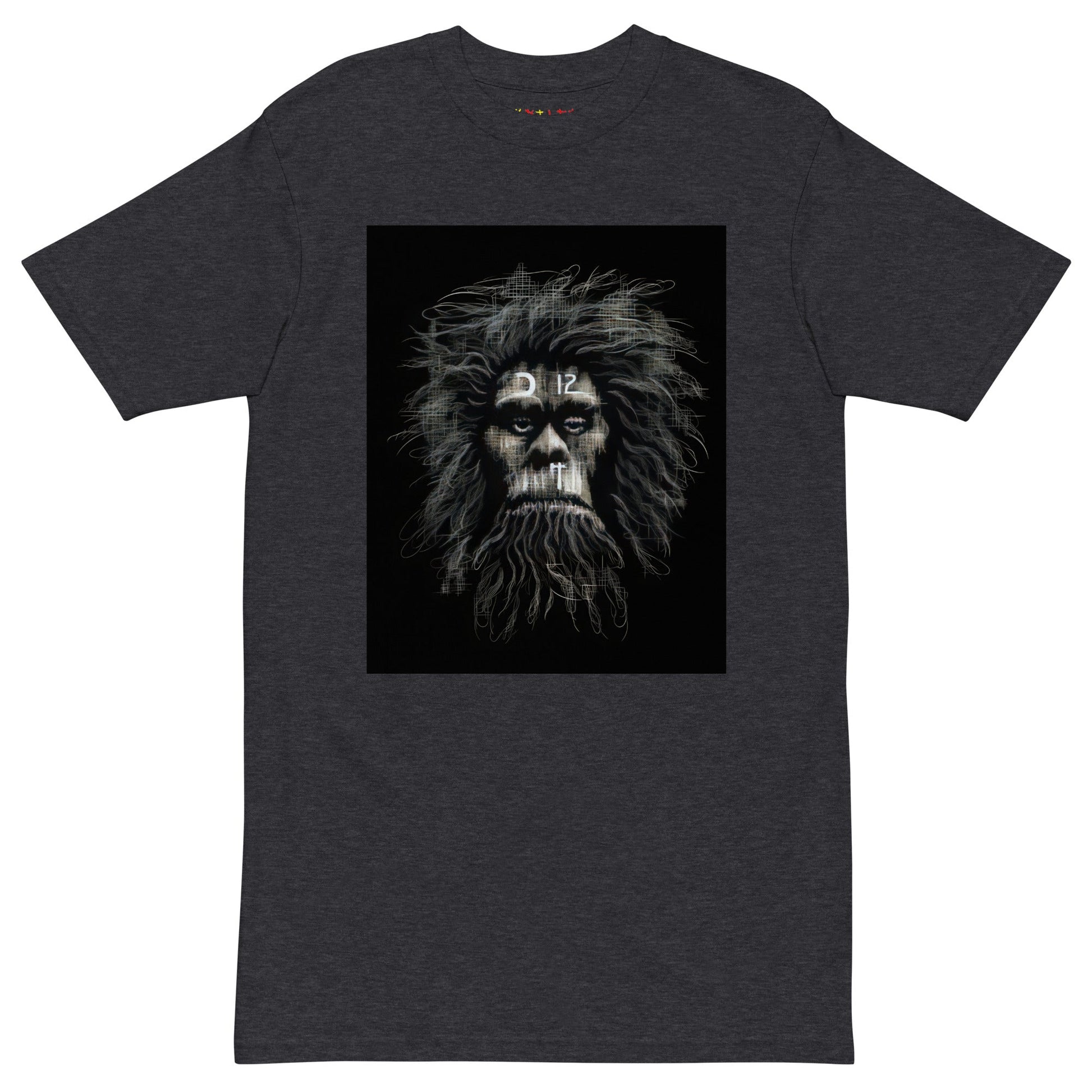 Charcoal Heather Front View of CAVEMAN PORTRAIT Premium Heavyweight T-Shirt