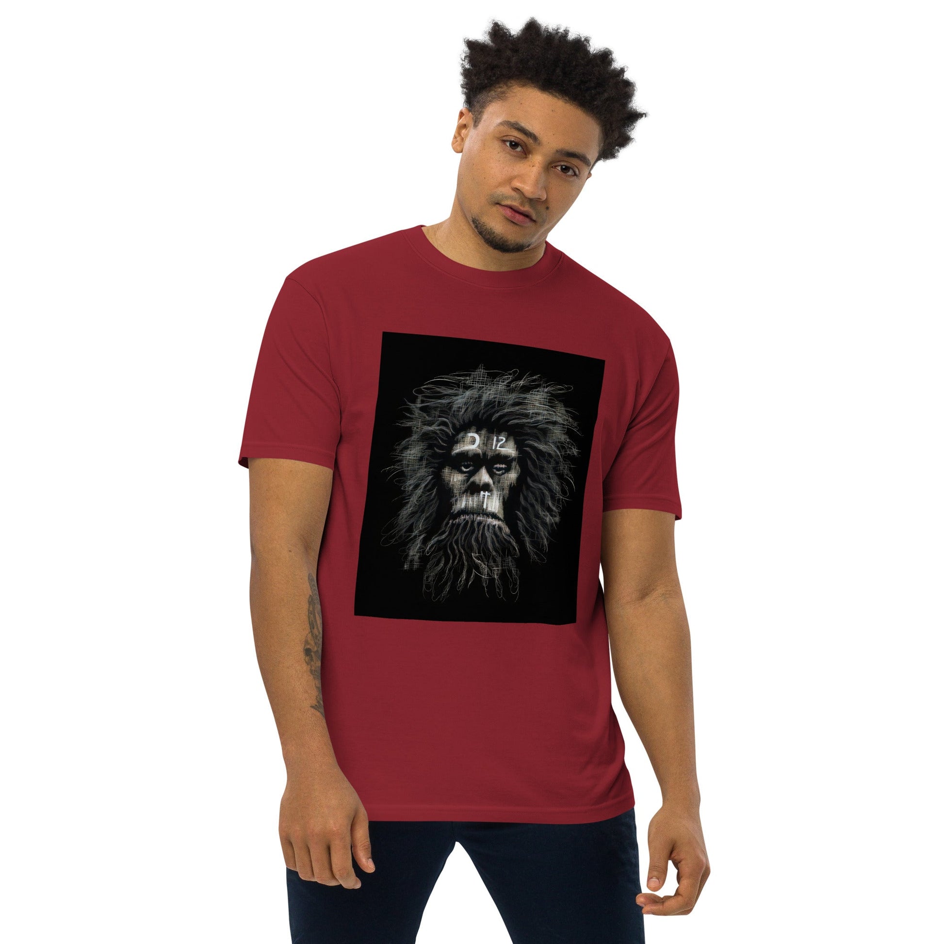 Brick Red Front View of CAVEMAN PORTRAIT Premium Heavyweight T-Shirt on Model