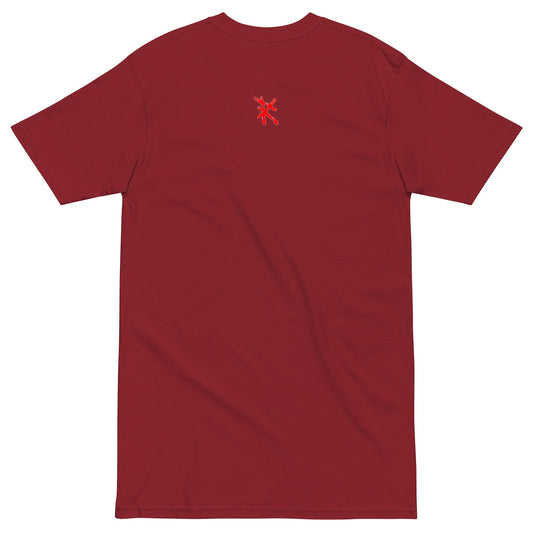 Brick Red Back View of CAVEMAN PORTRAIT Premium Heavyweight T-Shirt