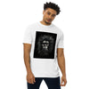 White Front View of CAVEMAN PORTRAIT Premium Heavyweight T-Shirt on Model