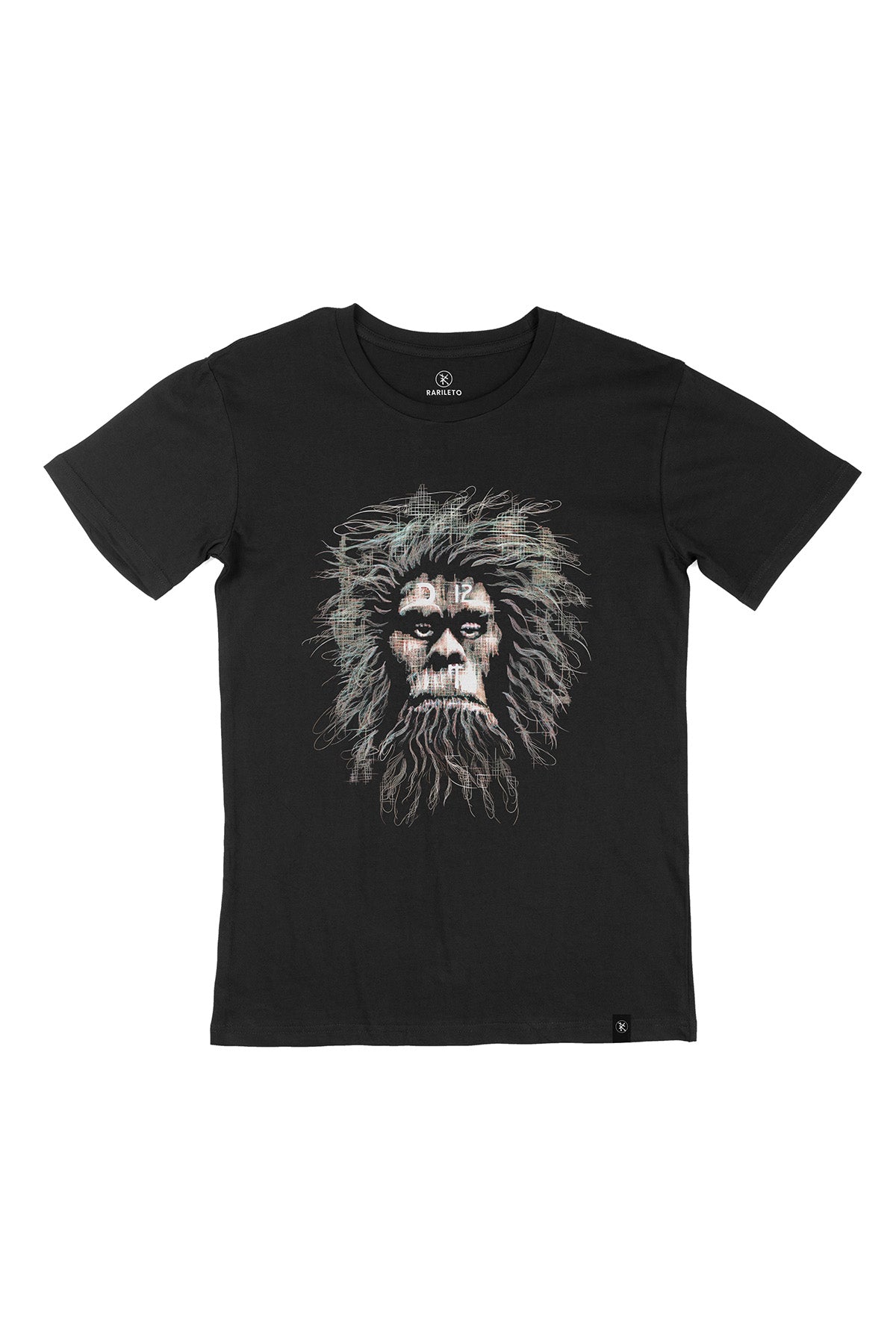 Black graphic tee front flat lay — RARILETO Caveman Classic Tee