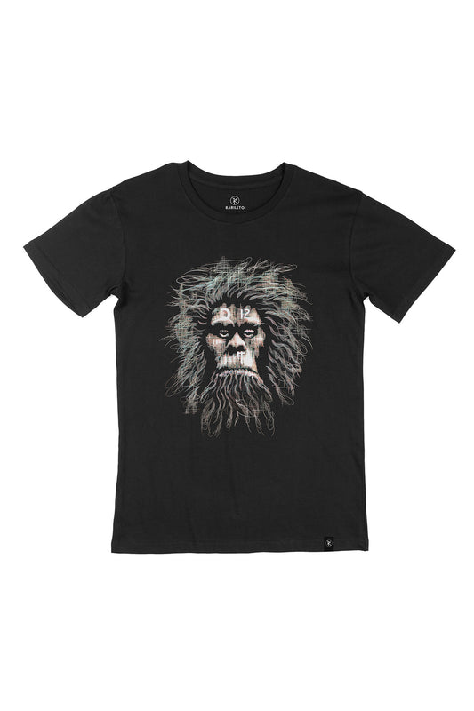 Black graphic tee front flat lay — RARILETO Caveman Classic Tee