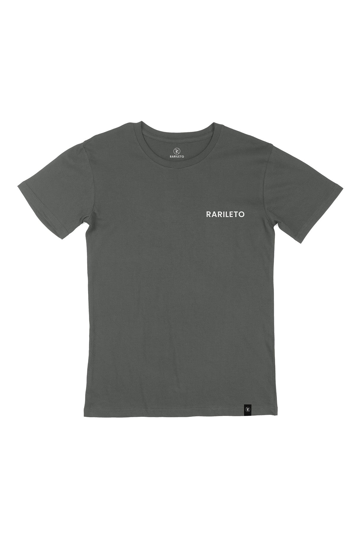 Charcoal graphic tee front flat lay — RARILETO Left Logo Classic Tee