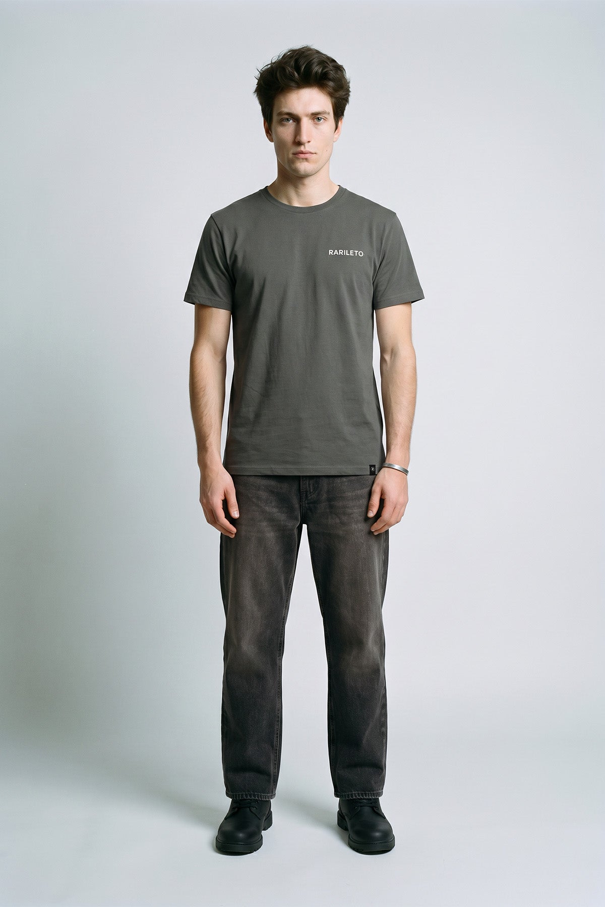 Charcoal male model wearing front view — RARILETO Left Logo Classic Tee