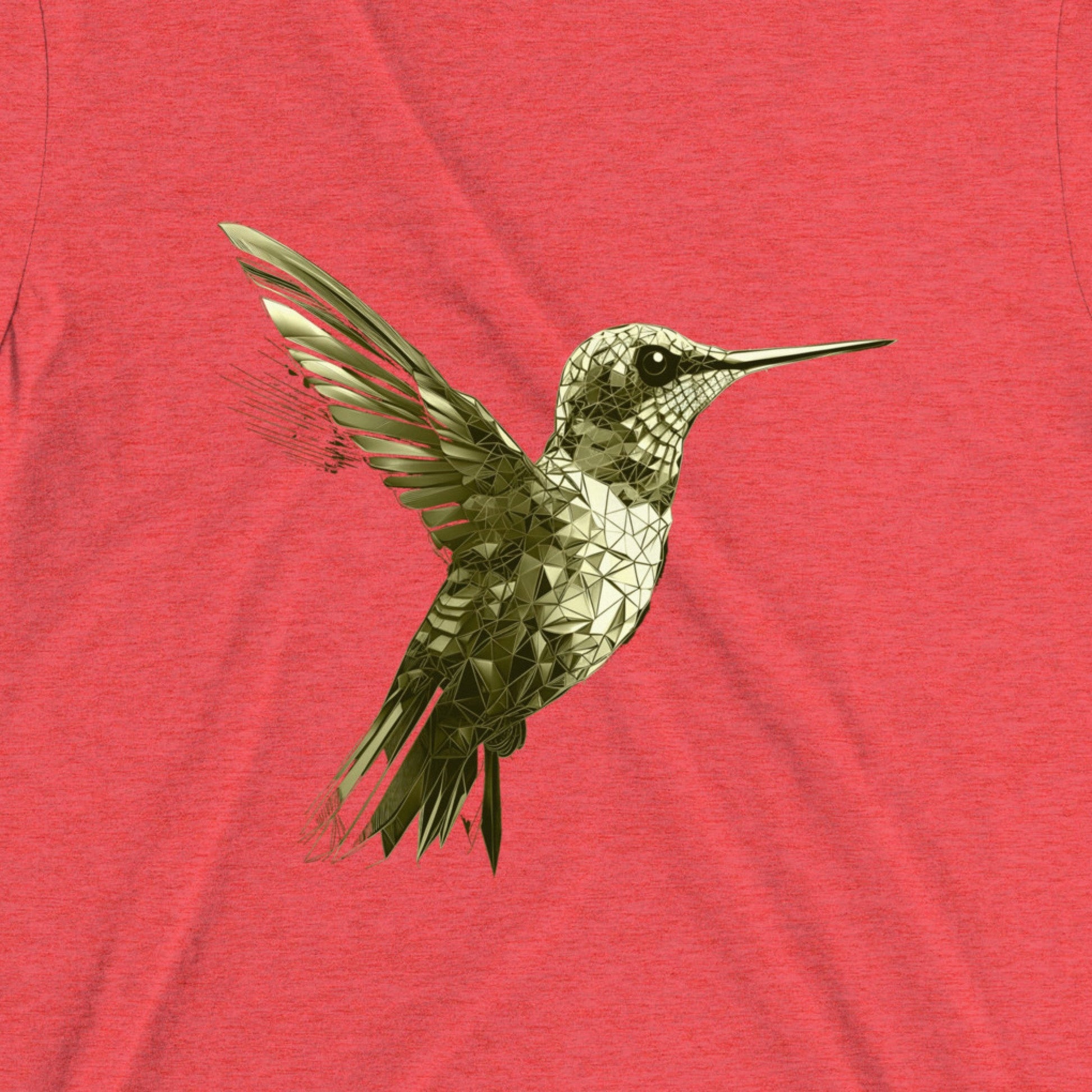 Design front view of the Colibri Triblend T-Shirt in red triblend, featuring the striking hummingbird graphic. Rarileto.