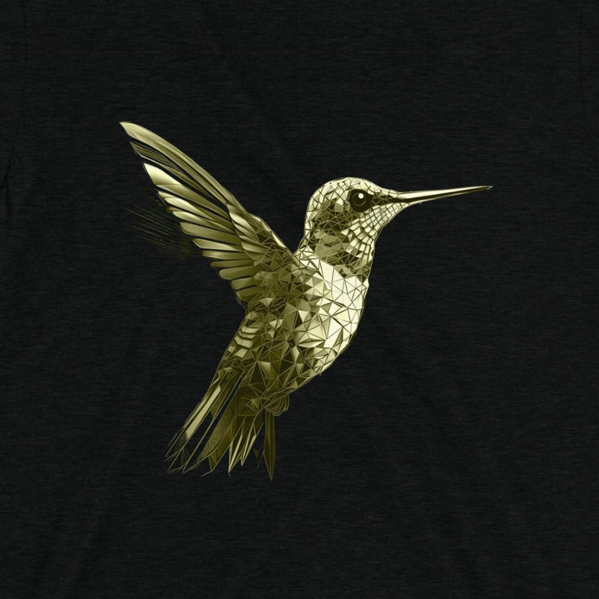 Design front view of the Colibri Triblend T-Shirt in solid black triblend, highlighting a hummingbird design. Rarileto.