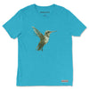 Front view of the Colibri Triblend T-Shirt in aqua triblend, featuring a vibrant hummingbird graphic. Rarileto.