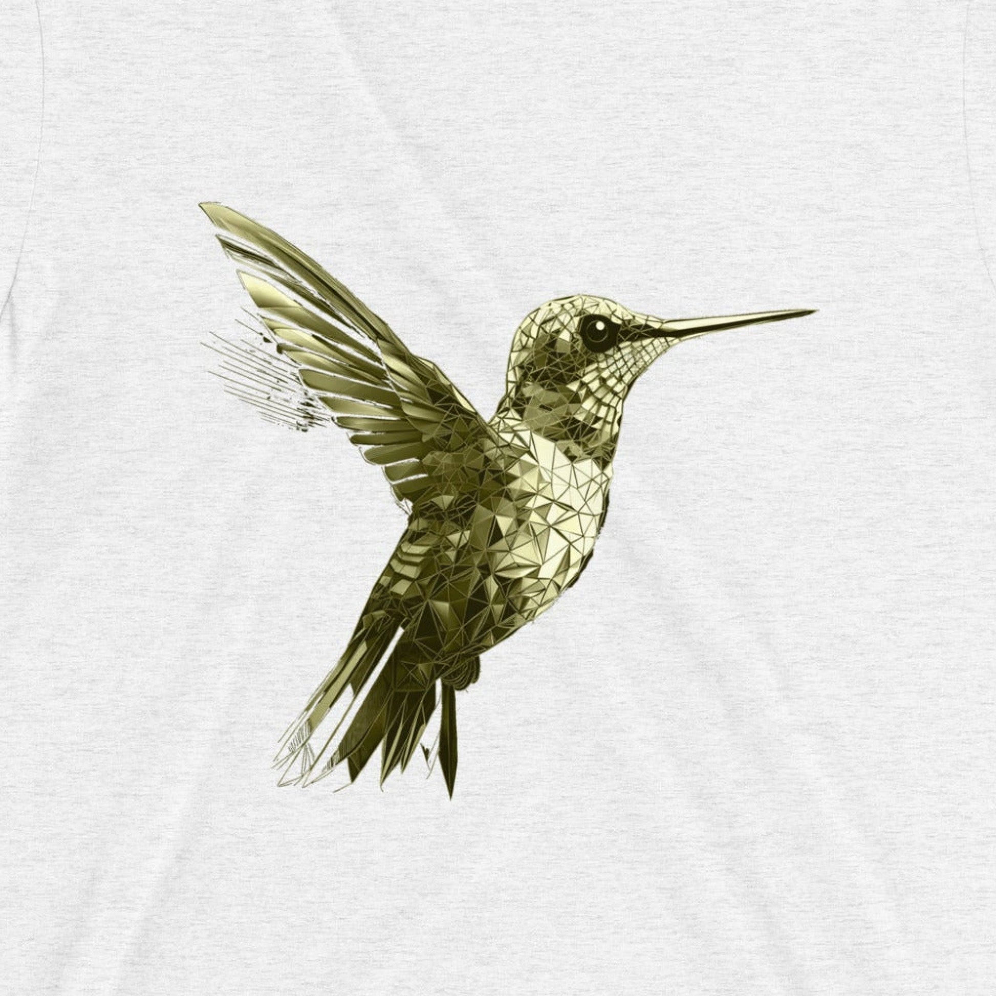 Design front view of the Colibri Triblend T-Shirt in solid white triblend, showcasing a hummingbird design. Rarileto.