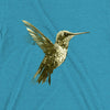 Design front view of the Colibri Triblend T-Shirt in aqua triblend, highlighting the detailed hummingbird design. Rarileto.