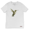 Front view of the Colibri Triblend T-Shirt in solid white triblend, featuring a detailed hummingbird graphic. Rarileto.