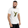 Solid White Tri-blend Right Front Side View on Model of COLIBRI Unisex Tri-blend T-Shirt