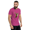 Berry Tri-blend Right Front Side View on Model of COLIBRI Unisex Tri-blend T-Shirt