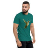 Teal Tri-blend Right Front Side View on Model of COLIBRI Unisex Tri-blend T-Shirt