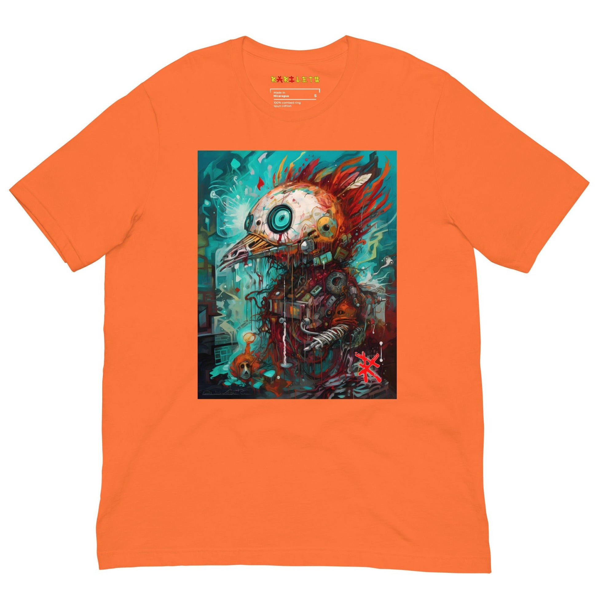 Orange Front View of COLORFUL PUNK ROBOT BIRD Premium Crewneck T-Shirt