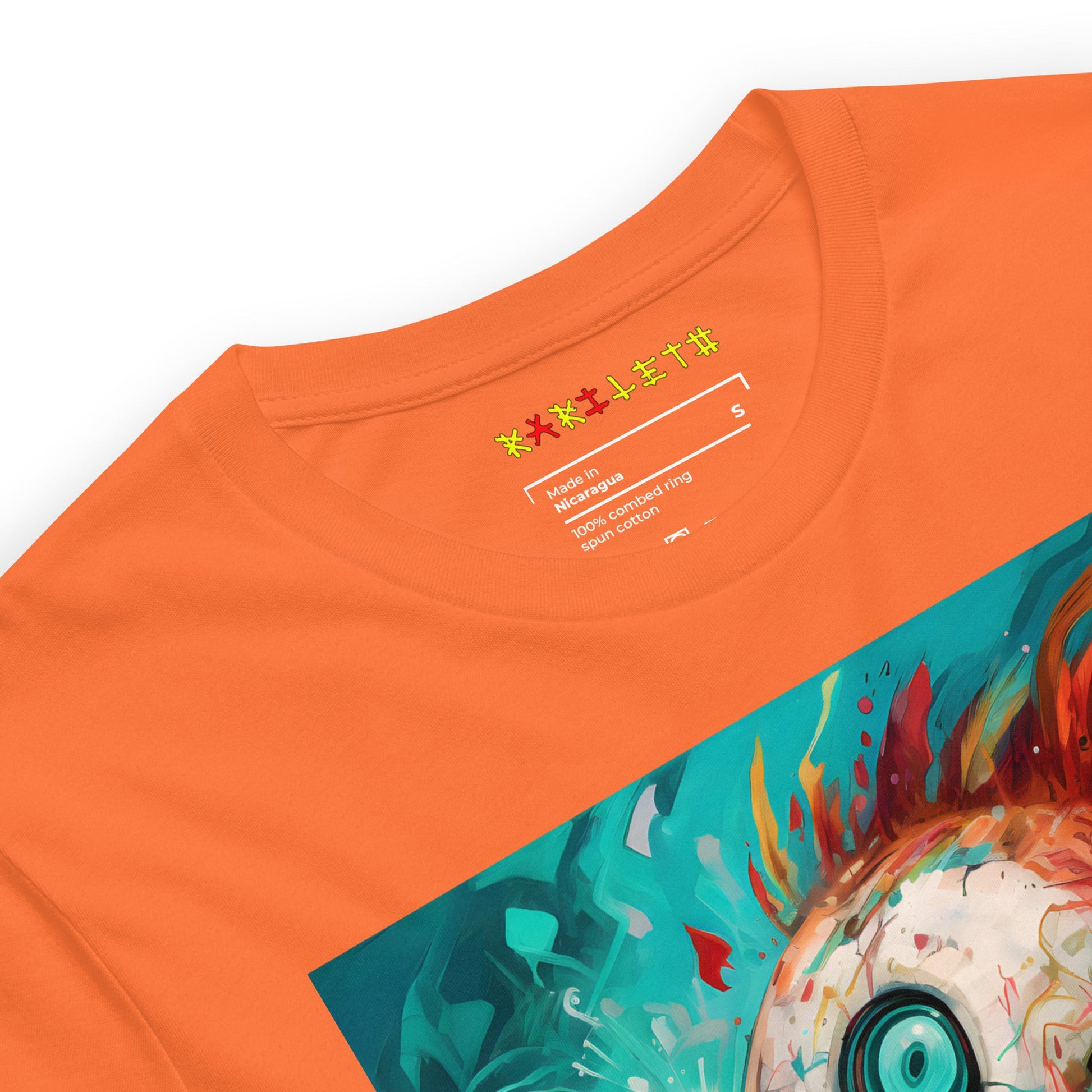 Orange Neck Front View of COLORFUL PUNK ROBOT BIRD Premium Crewneck T-Shirt