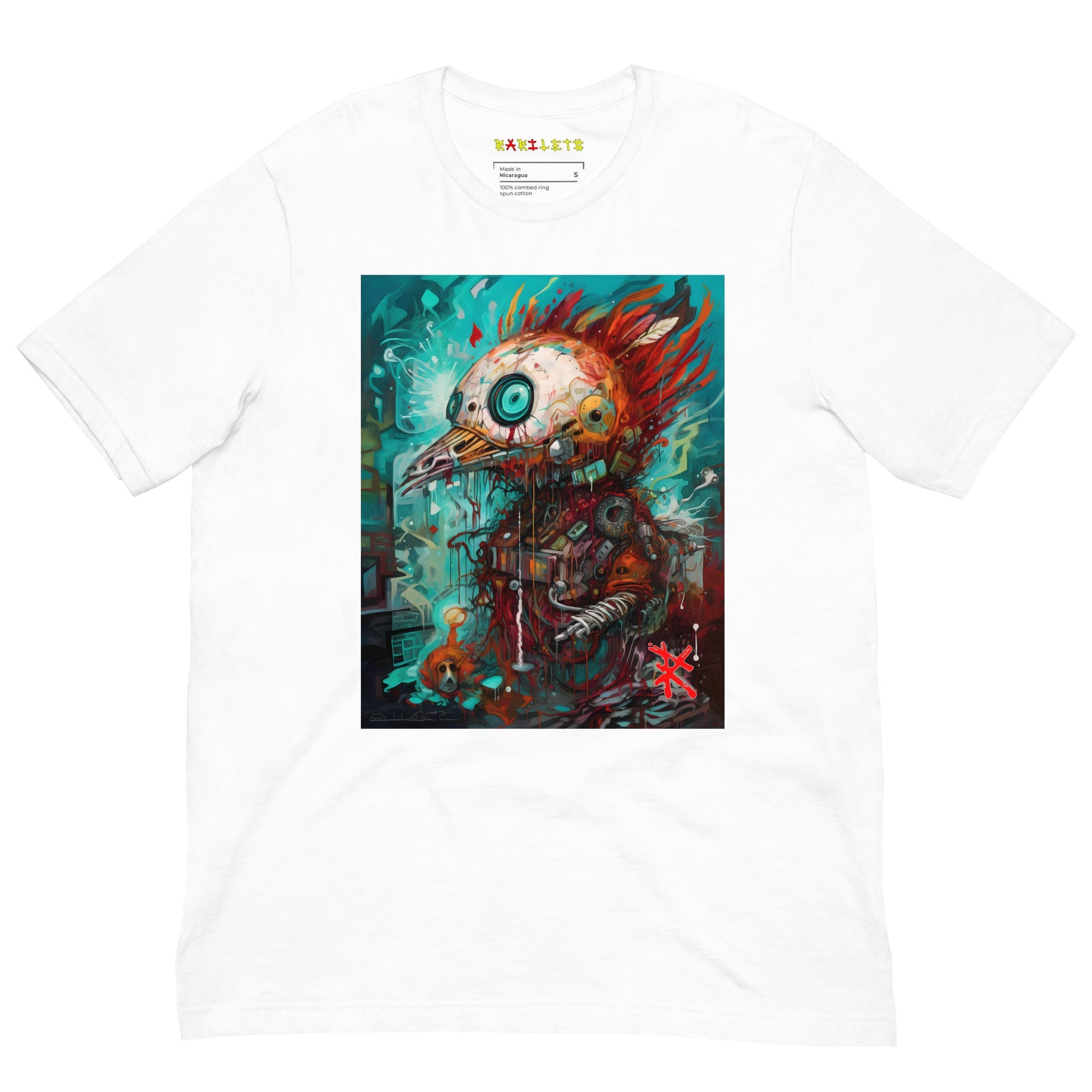 White Front View of COLORFUL PUNK ROBOT BIRD Premium Crewneck T-Shirt