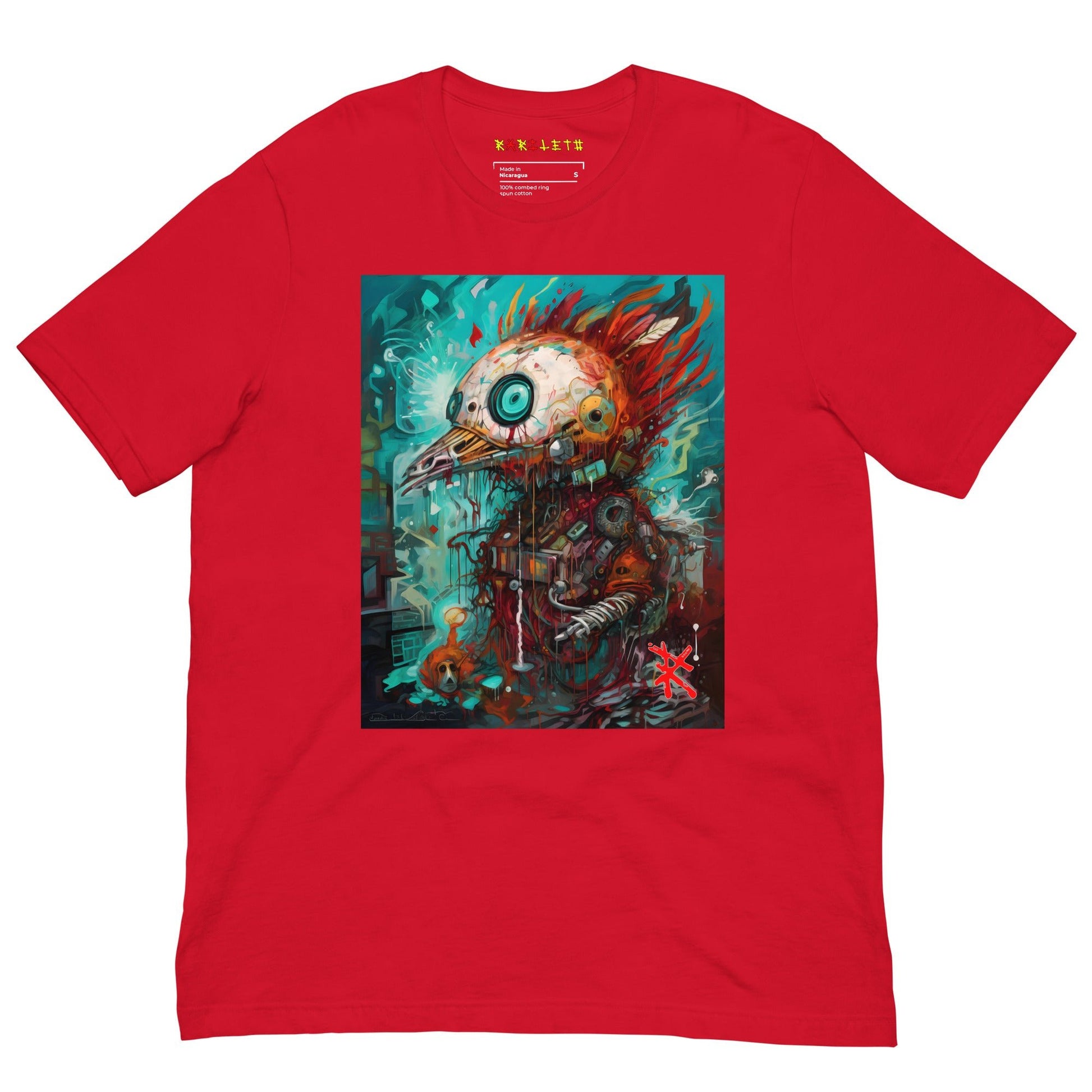 Red Front View of COLORFUL PUNK ROBOT BIRD Premium Crewneck T-Shirt