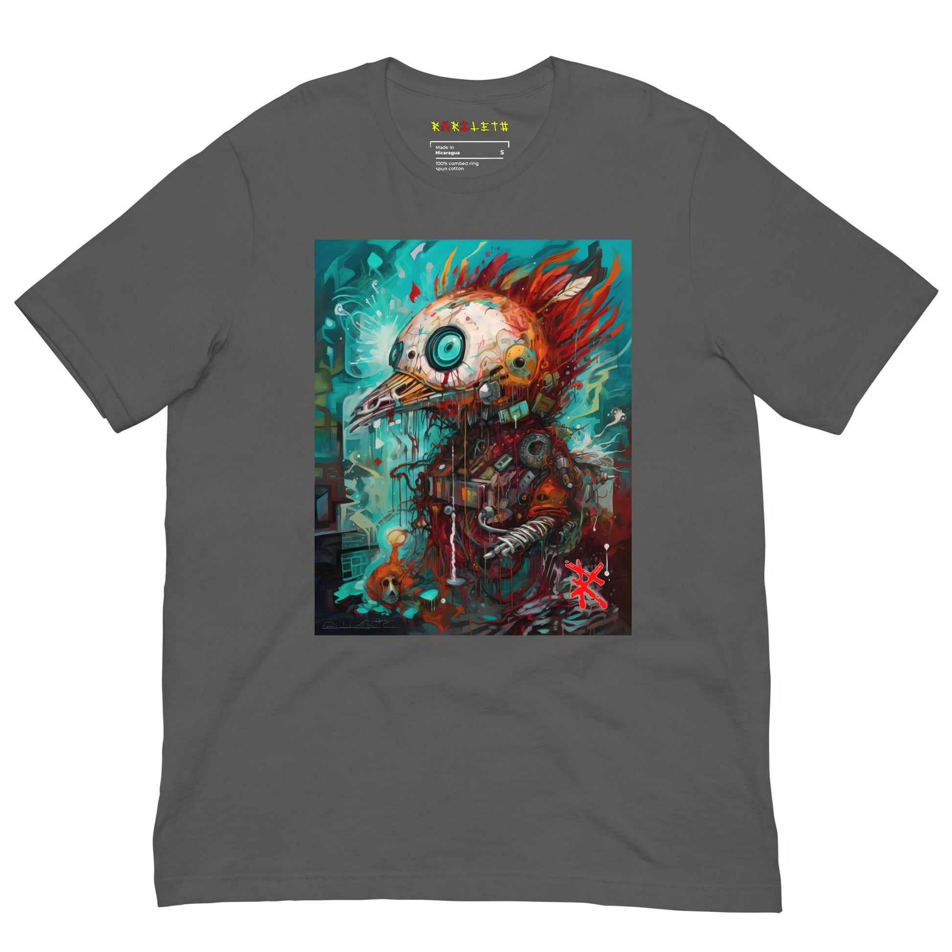 Asphalt Front View of COLORFUL PUNK ROBOT BIRD Premium Crewneck T-Shirt