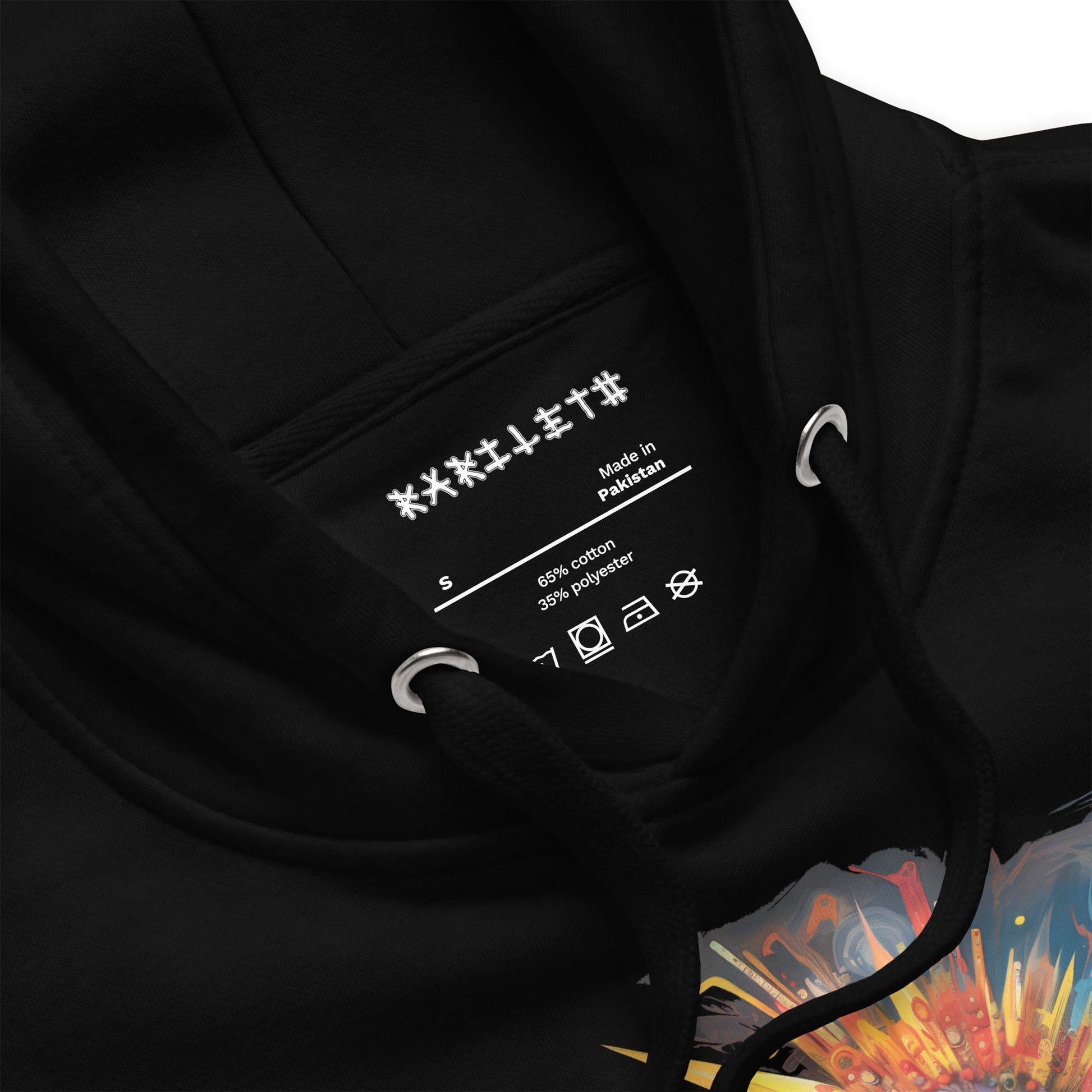 COLORFUL ROBOT Hoodie in Black - Rarileto - Neck Front View Close Up