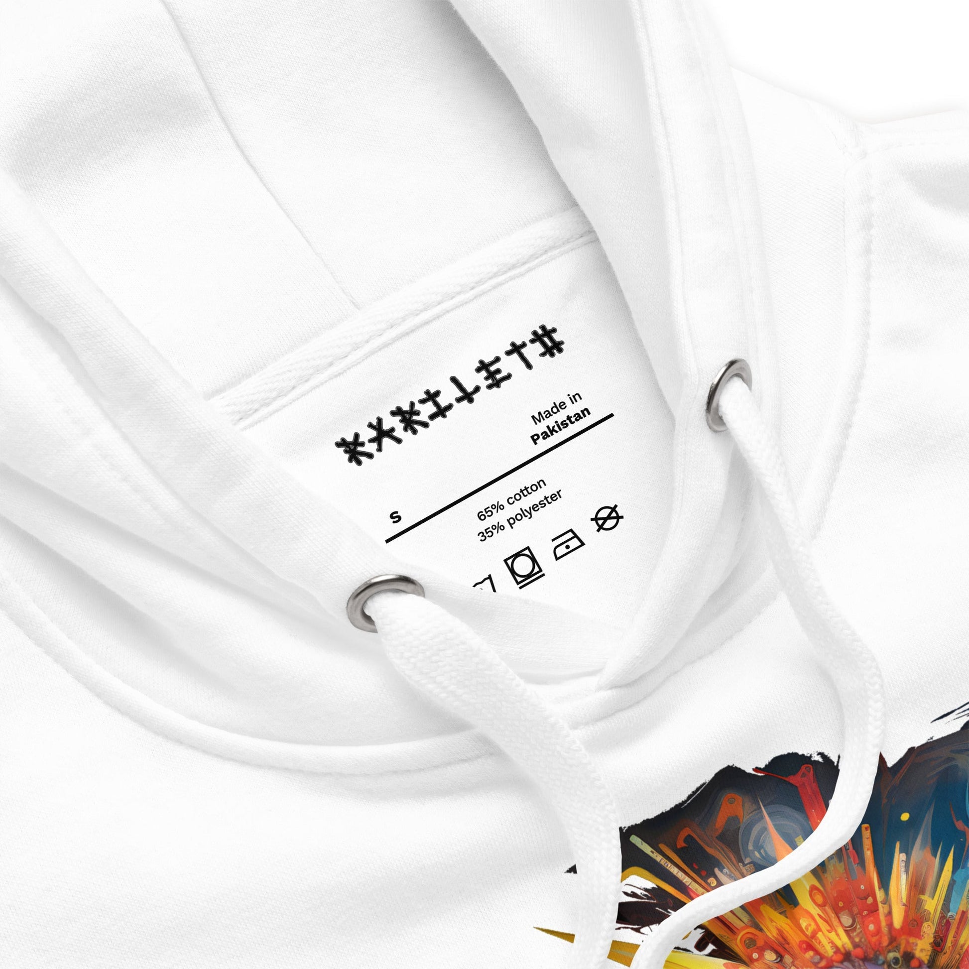 COLORFUL ROBOT Hoodie in White - Rarileto - Neck Front View Close Up