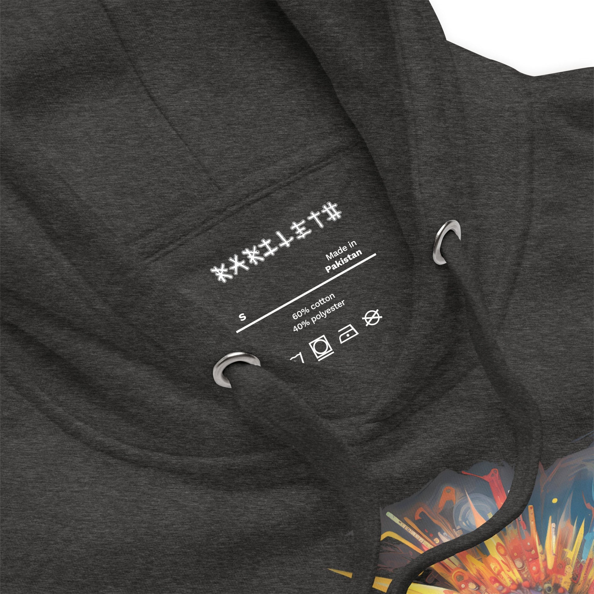 COLORFUL ROBOT Hoodie in Charcoal Heather - Rarileto - Neck Front View Close Up