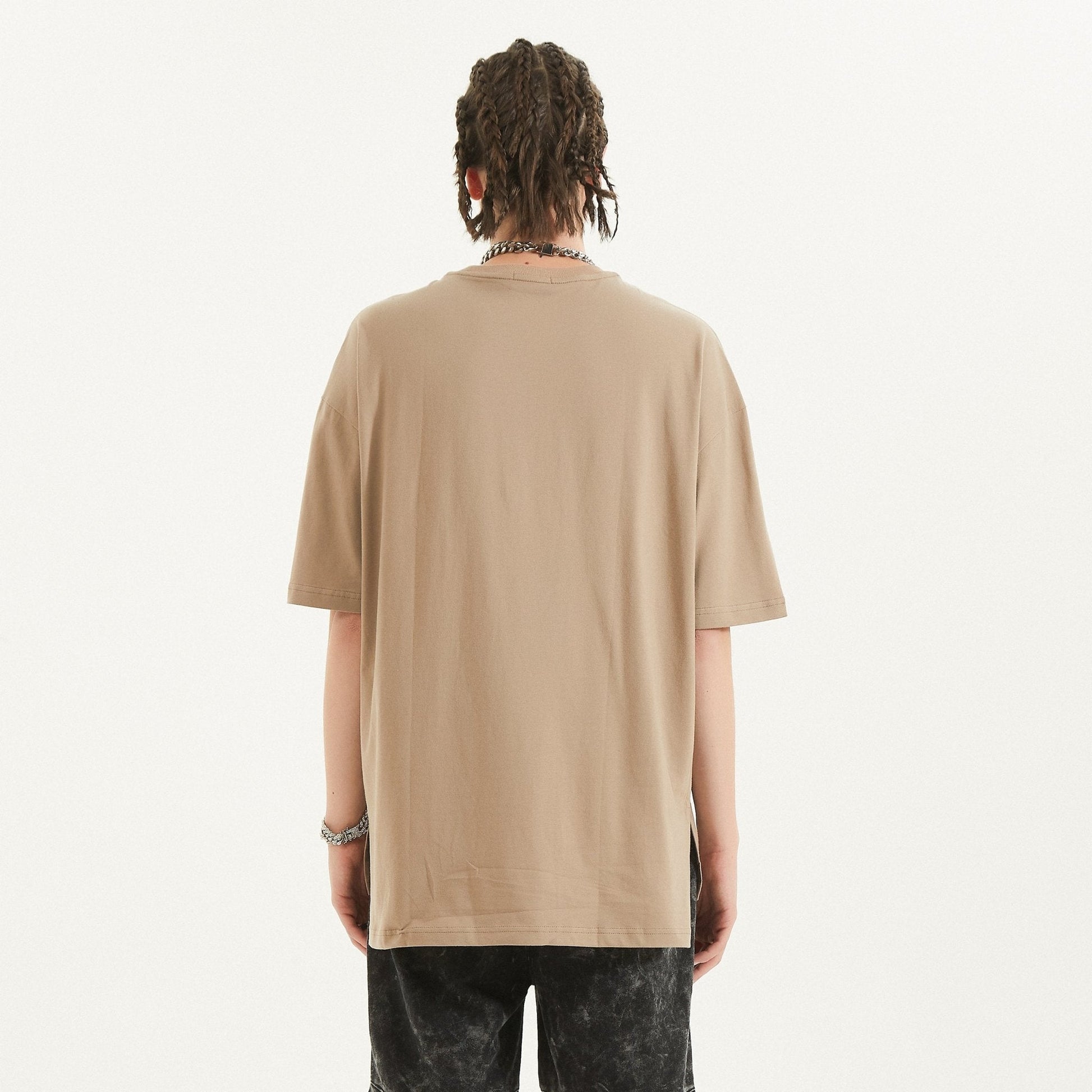 CUBY Unisex Slit Hem T-shirt - Khaki Front Back View on Model - Rarileto