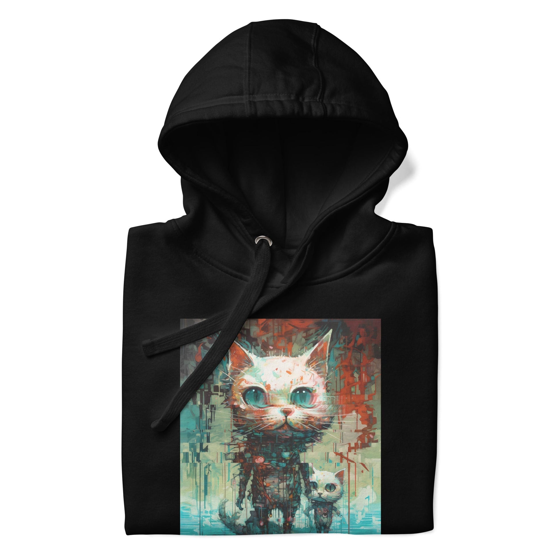 CYBER KITTY Hoodie in Black - Rarileto - Folded Front View