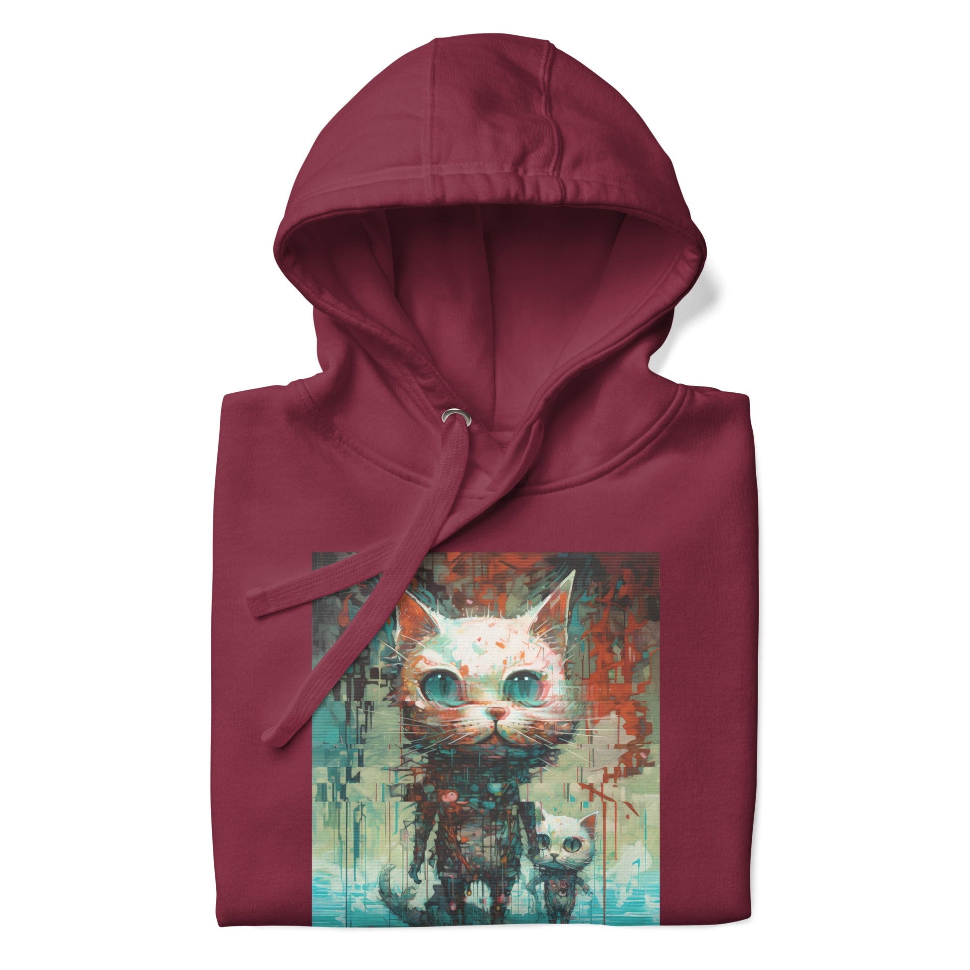 CYBER KITTY Hoodie in Maroon - Rarileto - Folded Front View