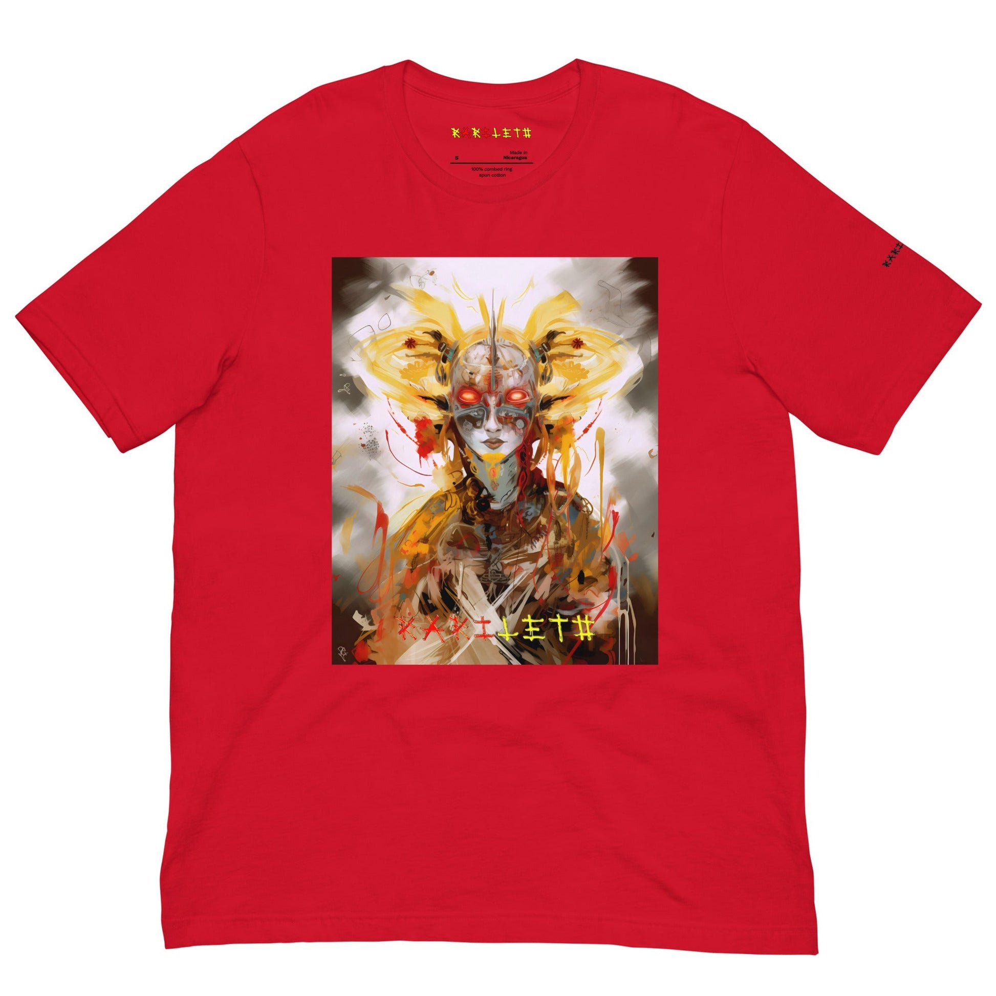 Front View CYBORG QUEEN Premium Crewneck T-Shirt in Red - Rarileto