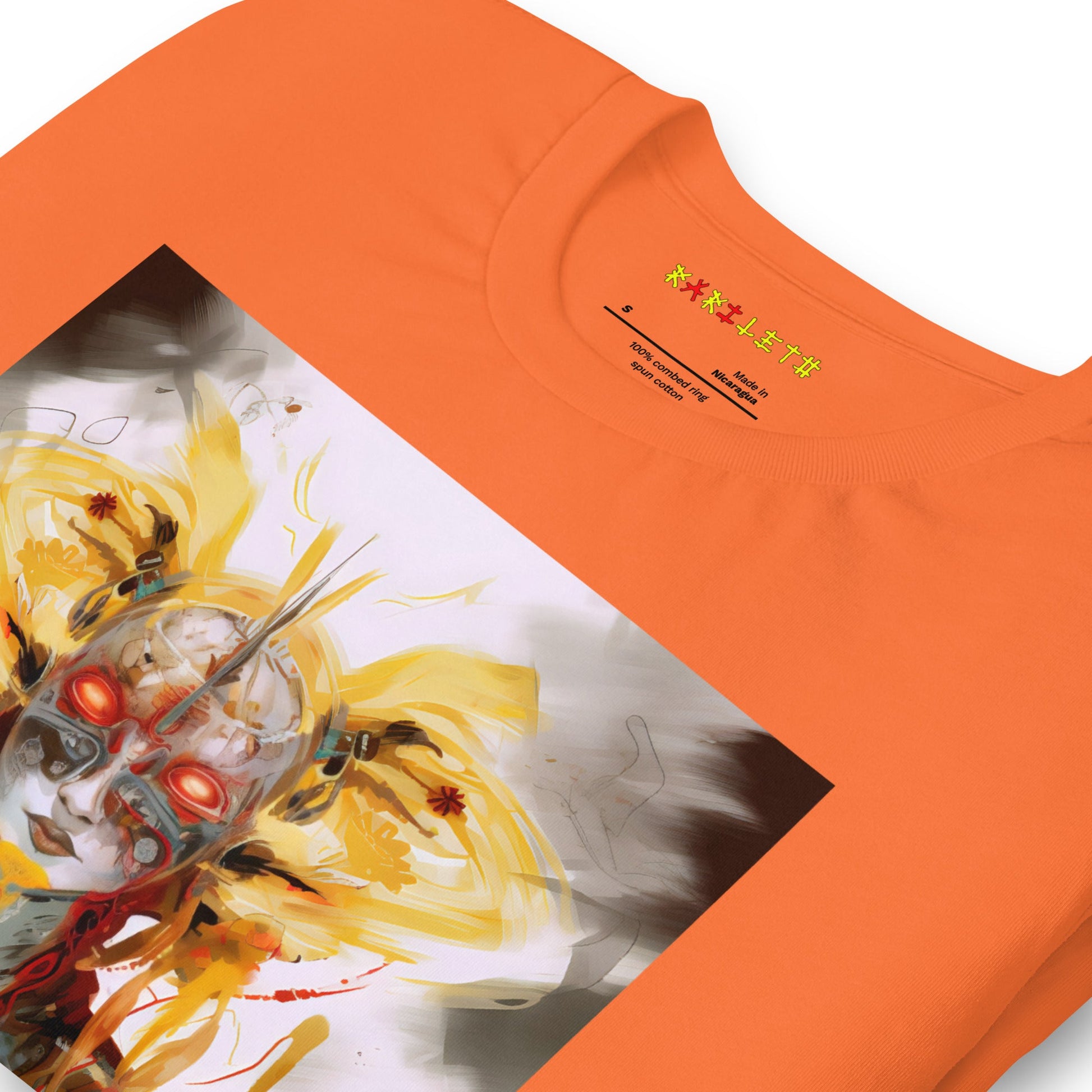 Neck Orange: CYBORG QUEEN Premium Crewneck T-Shirt in Orange (Neck View)