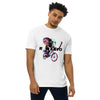 White Front View of CYCLING ELEPHANT Premium Heavyweight T-Shirt on Model