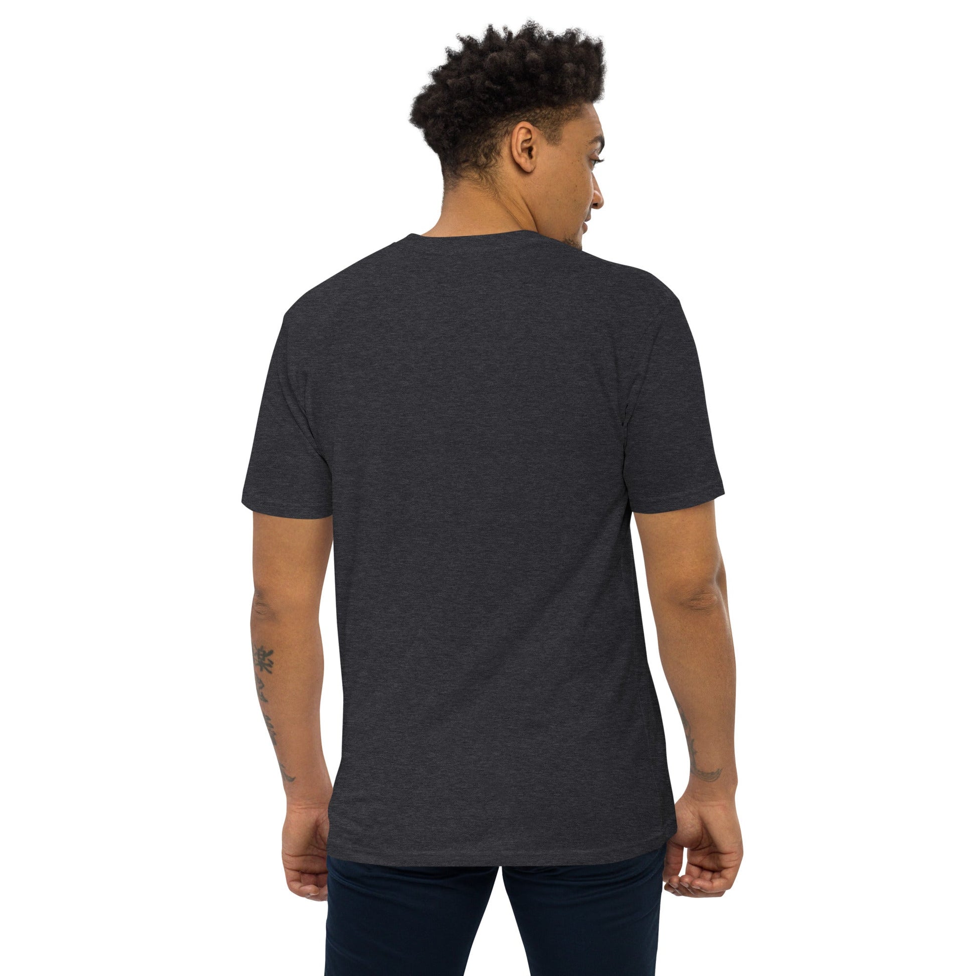 CYCLING ELEPHANT Premium Heavyweight T-Shirt in Charcoal Heather - Rarileto - Back View on Model
