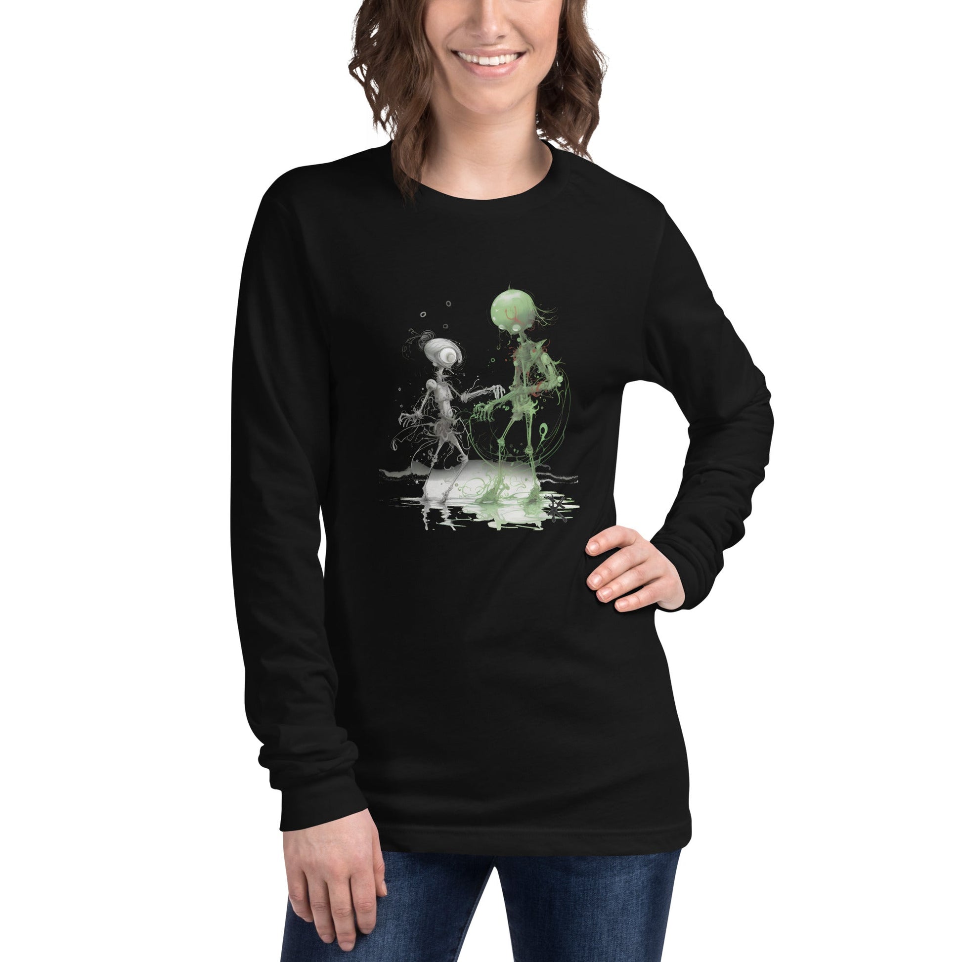 DANCING ALIEN Long Sleeve Tee in Black - Front View on Female Model