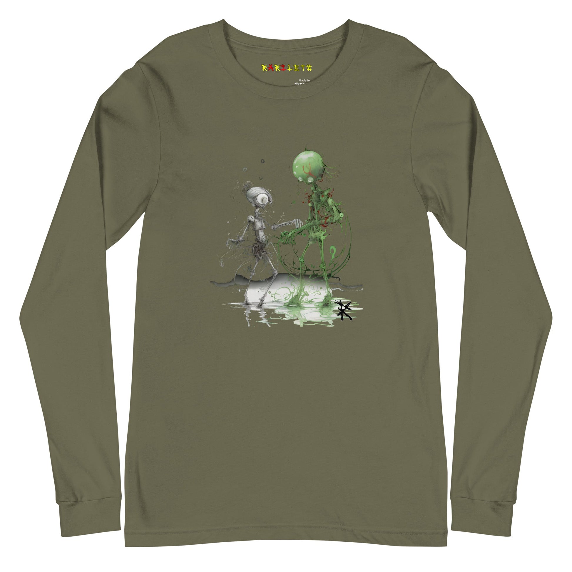 Front Military Green: DANCING ALIEN Long Sleeve Tee in Military Green - Front View