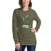 Front View on Female Model Military Green: DANCING ALIEN Long Sleeve Tee in Military Green - Front View on Female Model