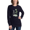 Front View on Female Model Navy: DANCING ALIEN Long Sleeve Tee in Navy - Front View on Female Model