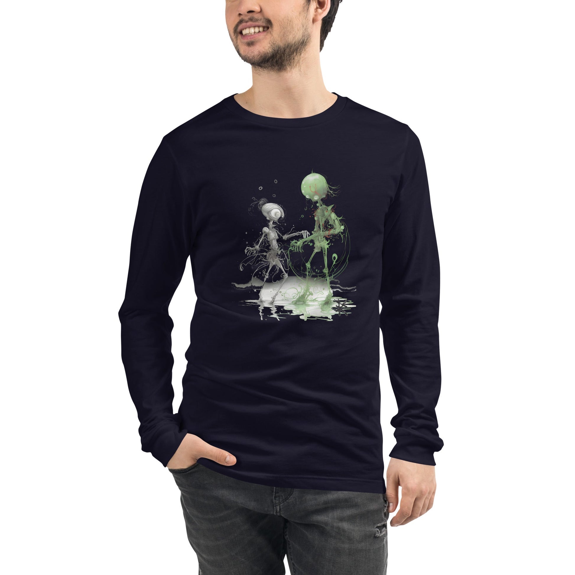 Front View on Male Model Navy: DANCING ALIEN Long Sleeve Tee in Navy - Front View on Male Model