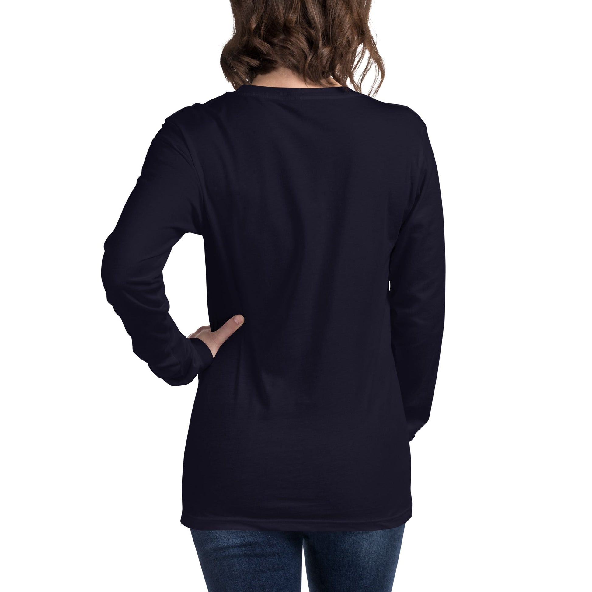 Back View on Female Model Navy: DANCING ALIEN Long Sleeve Tee in Navy - Back View on Female Model