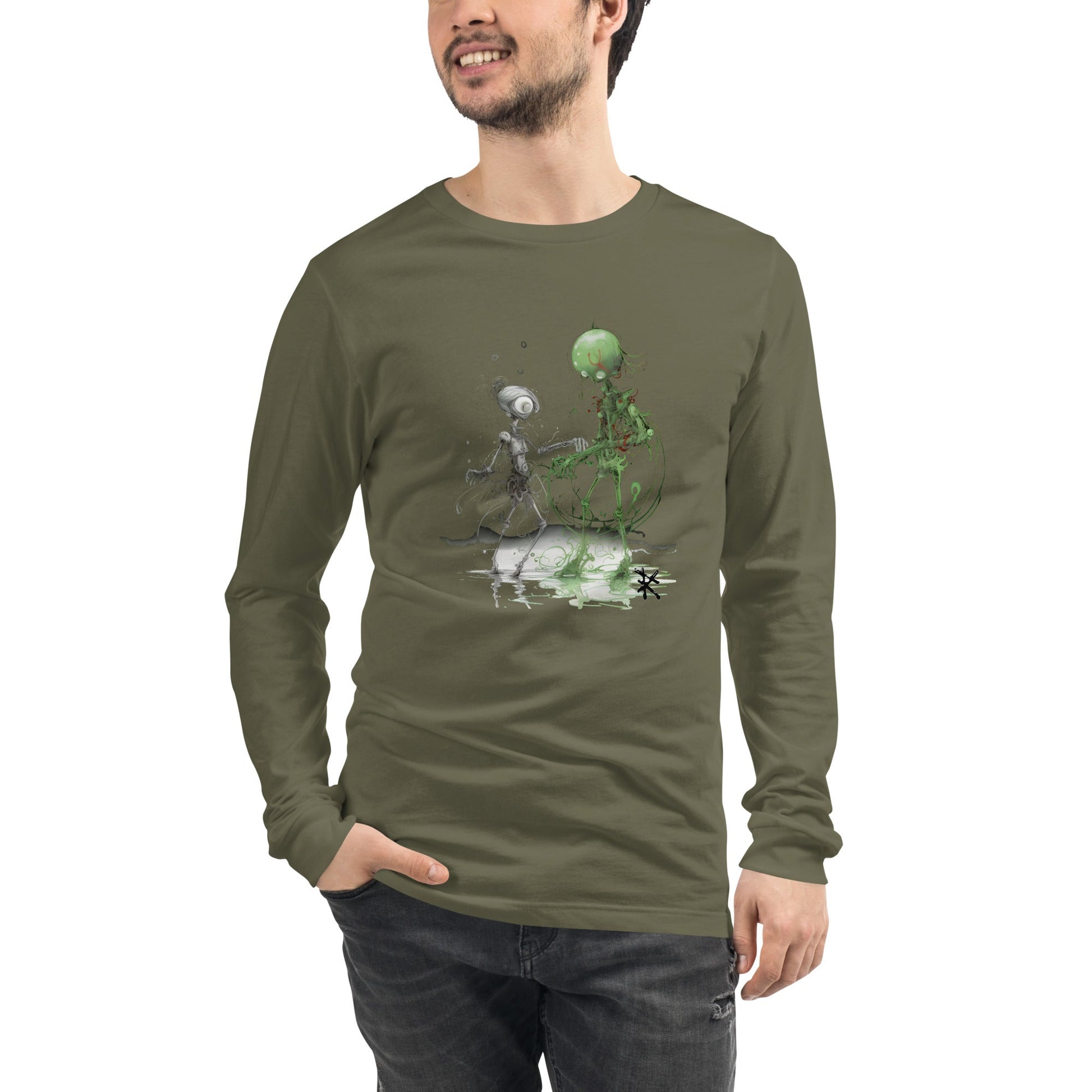 Front View on Male Model Military Green: DANCING ALIEN Long Sleeve Tee in Military Green - Front View on Male Model