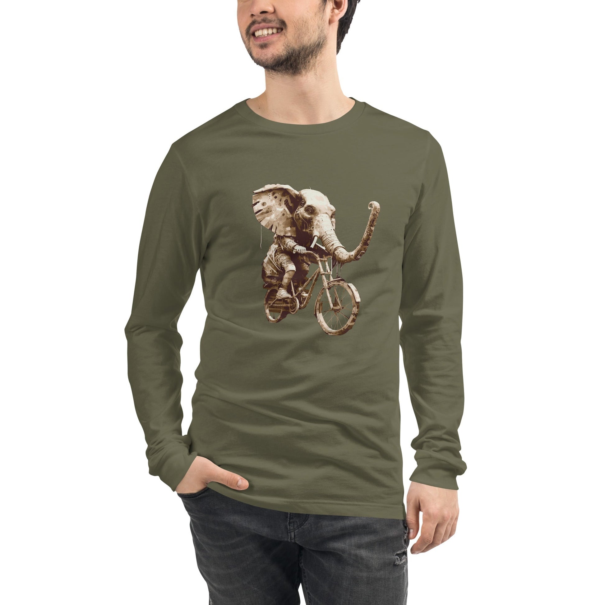 DISTRESSED ELEPHANT Long Sleeve Tee in Military Green - Rarileto - Front View on Male Model