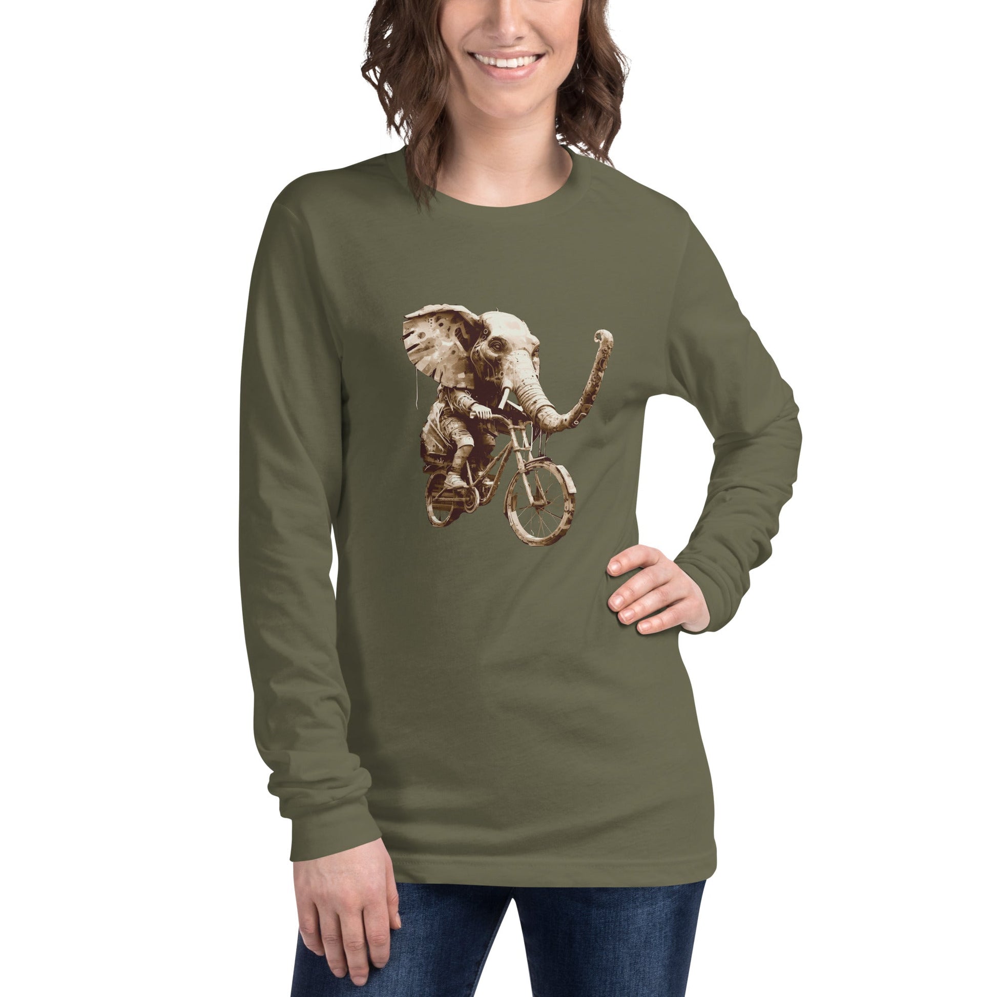 DISTRESSED ELEPHANT Long Sleeve Tee in Military Green - Rarileto - Front View on Female Model