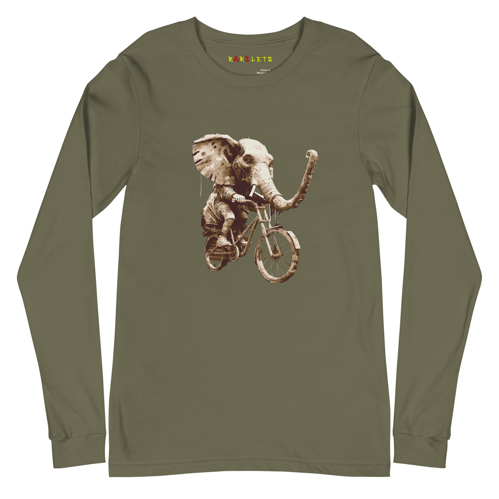 DISTRESSED ELEPHANT Long Sleeve Tee in Military Green - Rarileto - Front View