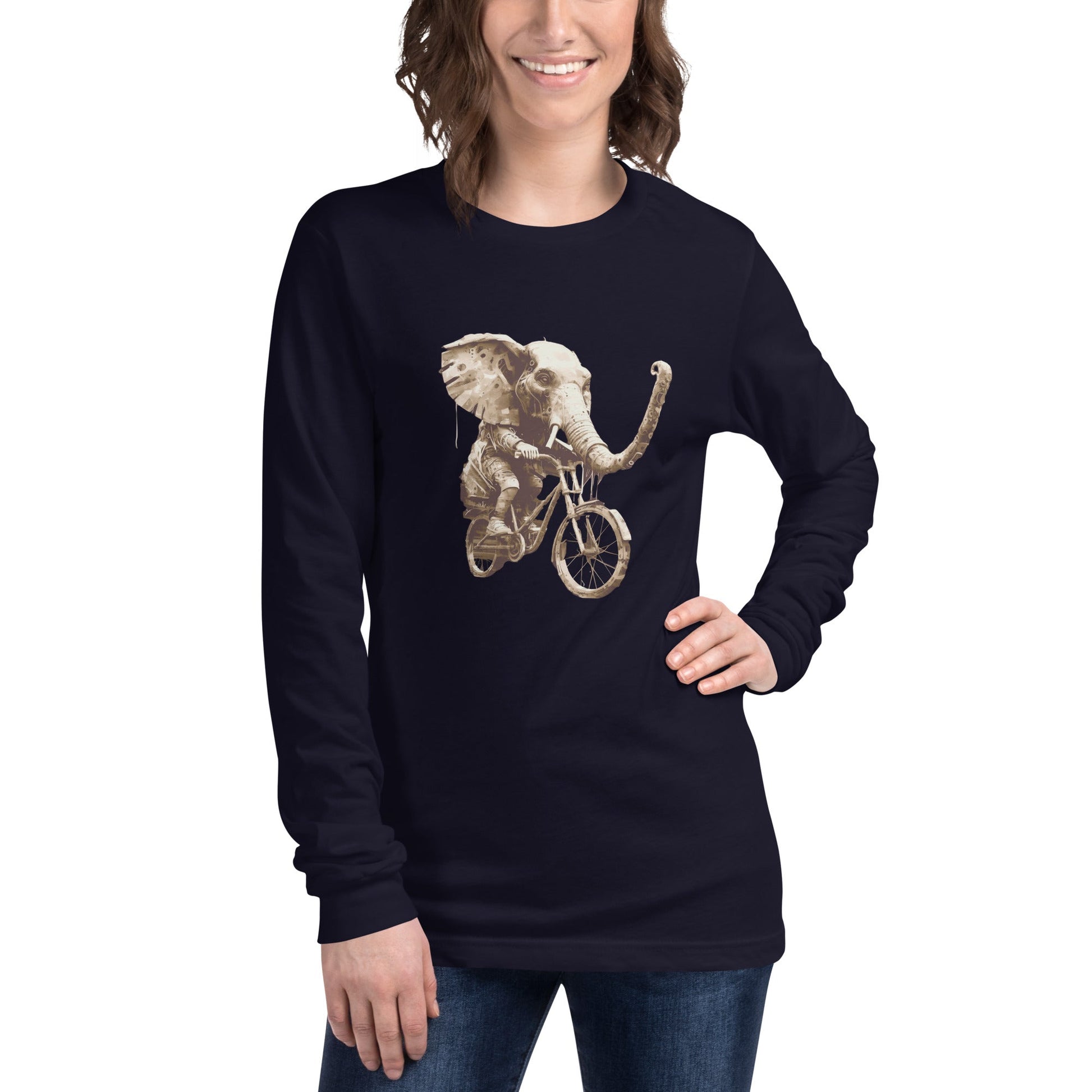 DISTRESSED ELEPHANT Long Sleeve Tee in Navy - Rarileto - Front View on Female Model