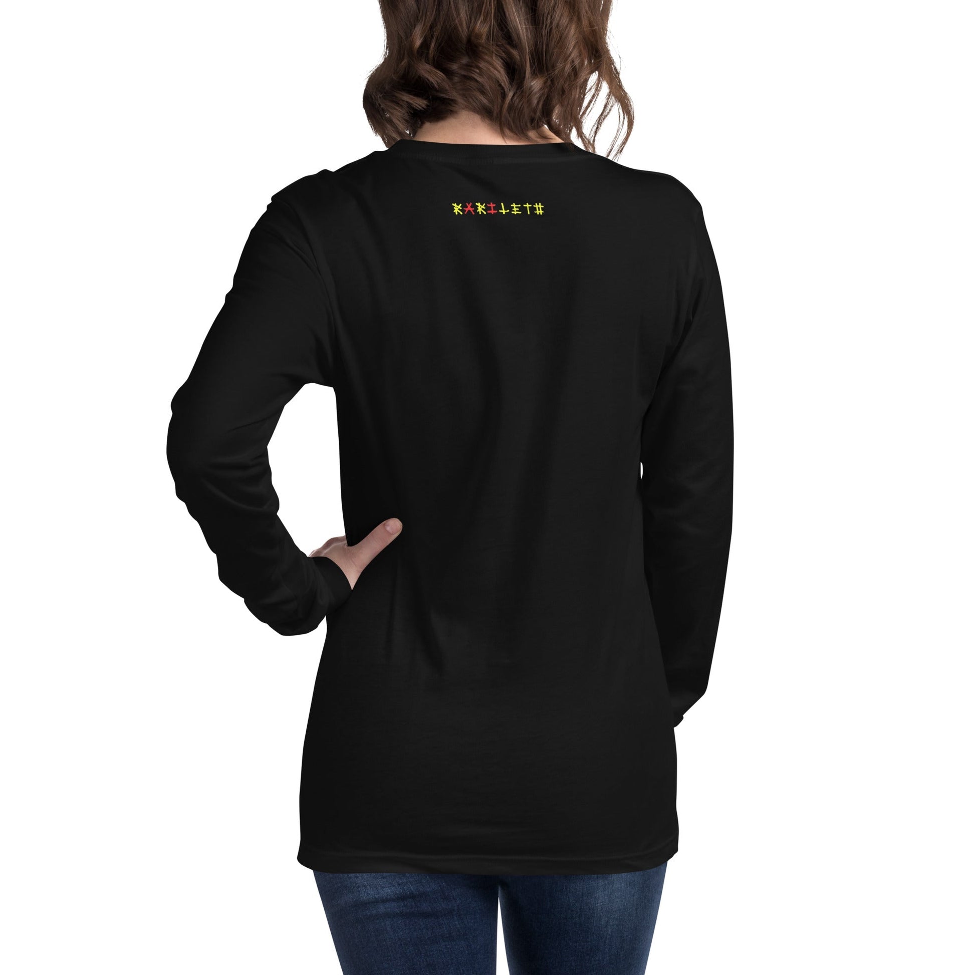 DISTRESSED ELEPHANT Long Sleeve Tee in Black - Rarileto - Back View on Female Model