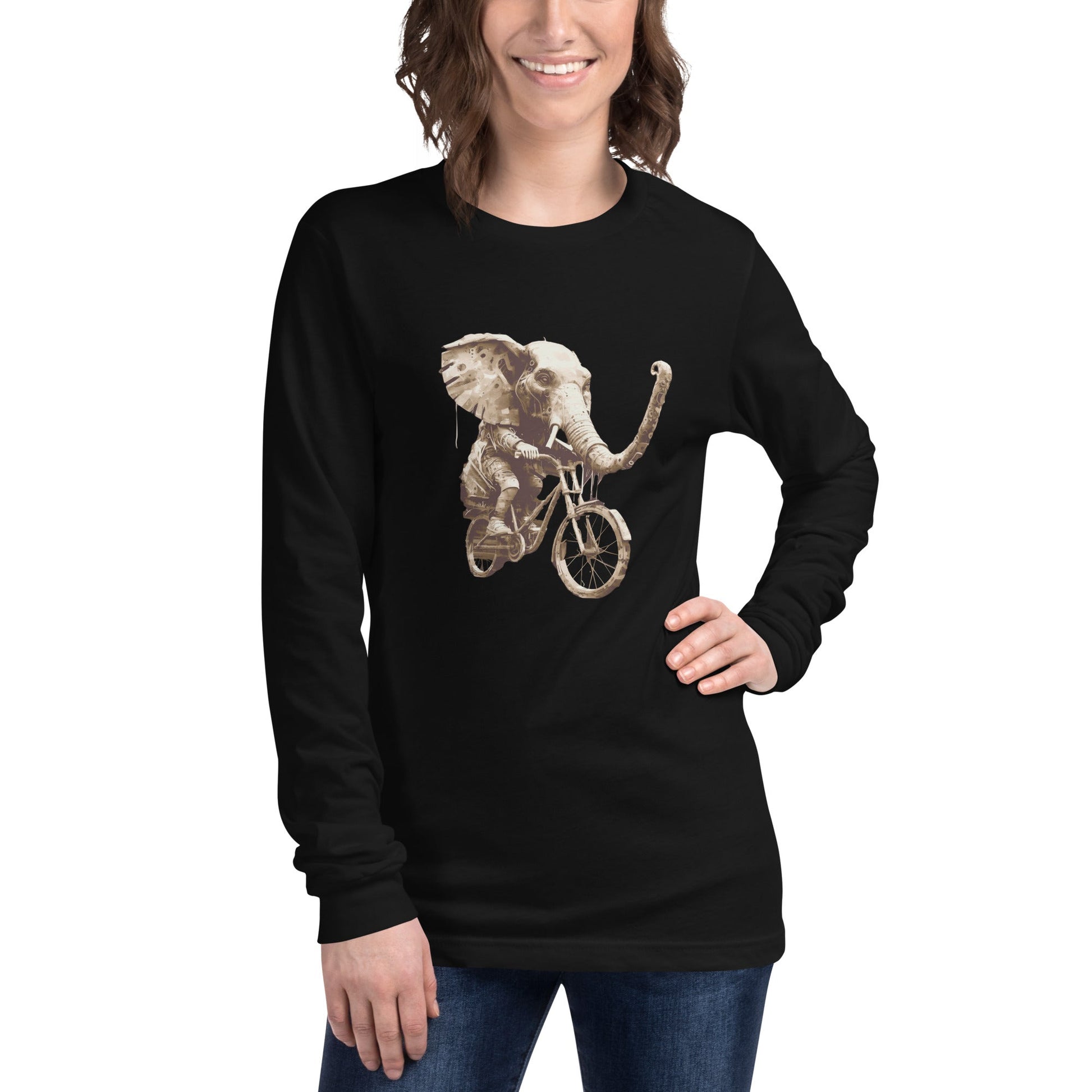 DISTRESSED ELEPHANT Long Sleeve Tee in Black - Rarileto - Front View on Female Model