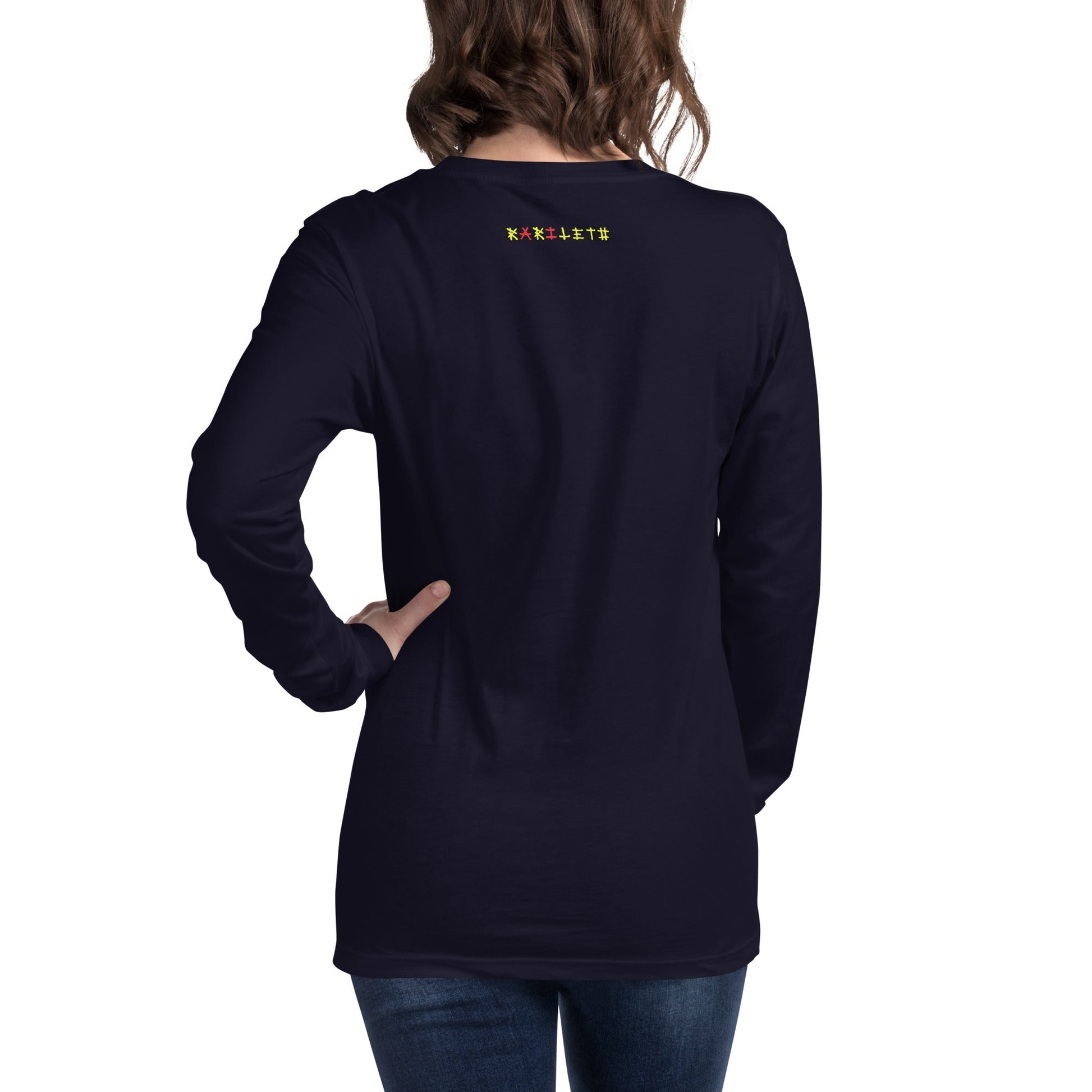 DISTRESSED ELEPHANT Long Sleeve Tee in Navy - Rarileto - Back View on Female Model