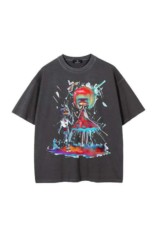 Retro Black graphic tee front view — RARILETO Duo Bizarre Stone Wash Classic Tee