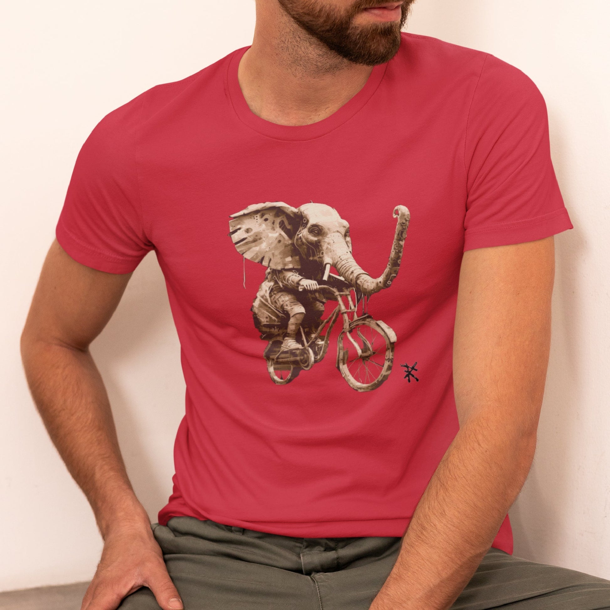 Front view on model wearing the Elephant Classic T-Shirt in red, ideal for trendy streetwear looks. Rarileto.