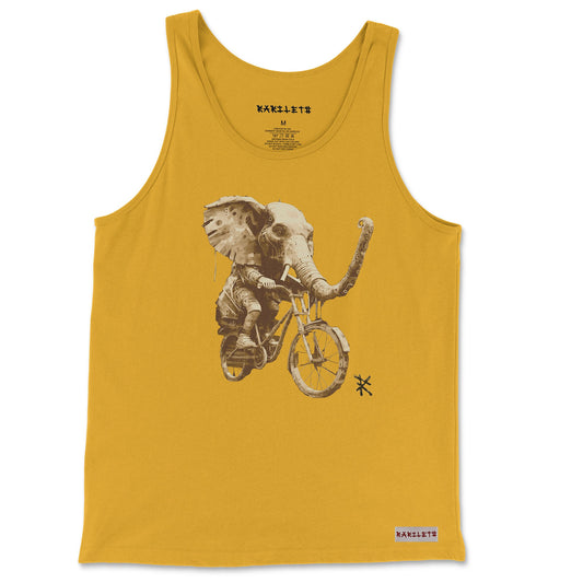 Front view of the Elephant Tank Top in gold, featuring a bold elephant graphic with intricate details. Rarileto.