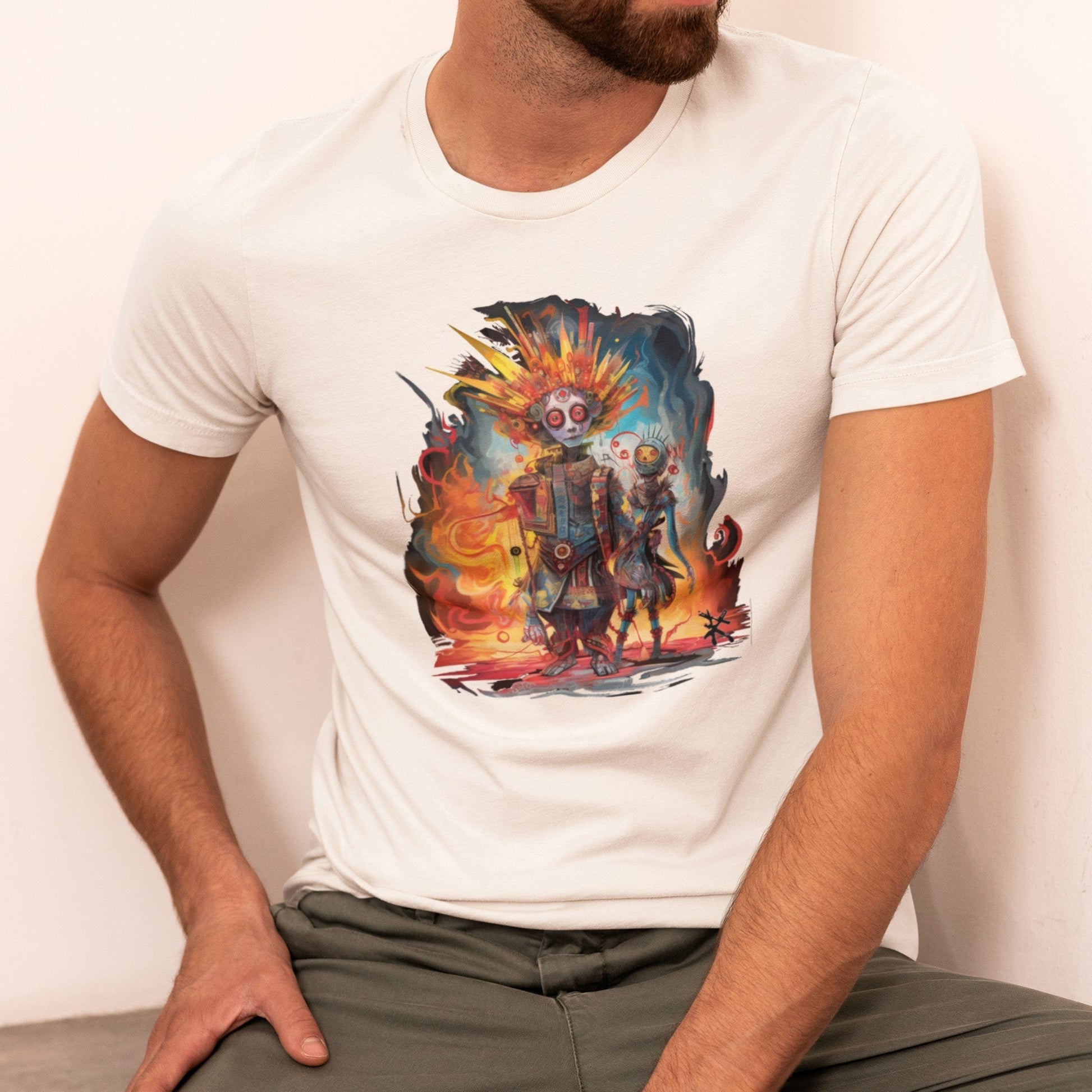 Front view on model wearing the Fire Bots Classic T-Shirt in white, perfect for casual streetwear looks. Rarileto.